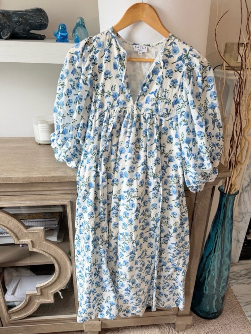Saule Parc Floral Babydoll Dress Womens White Blue Size S